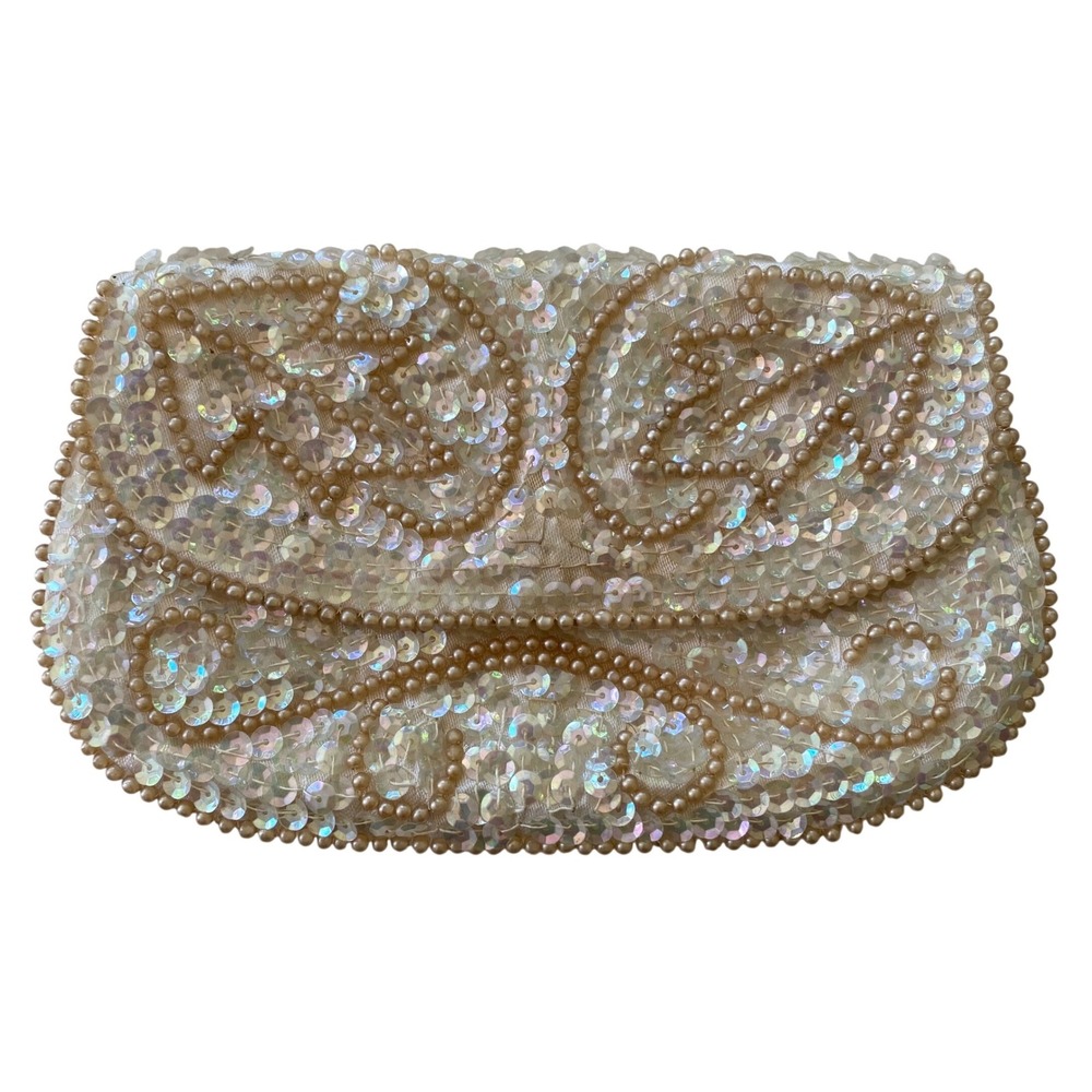 Vintage Miranda Clutch Cream Iridescent Sequin Faux Pearl Beaded Japan Retro
